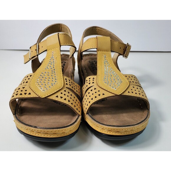 Soft Comfort Wedge Sandals 7.5 W Amber Yellow Crystal Accents - Picture 3 of 8